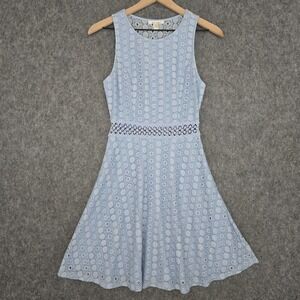 Francesca's Miami Dress Womens S Blue Lace Crochet Cutout Fit Flare Lined Eyelet